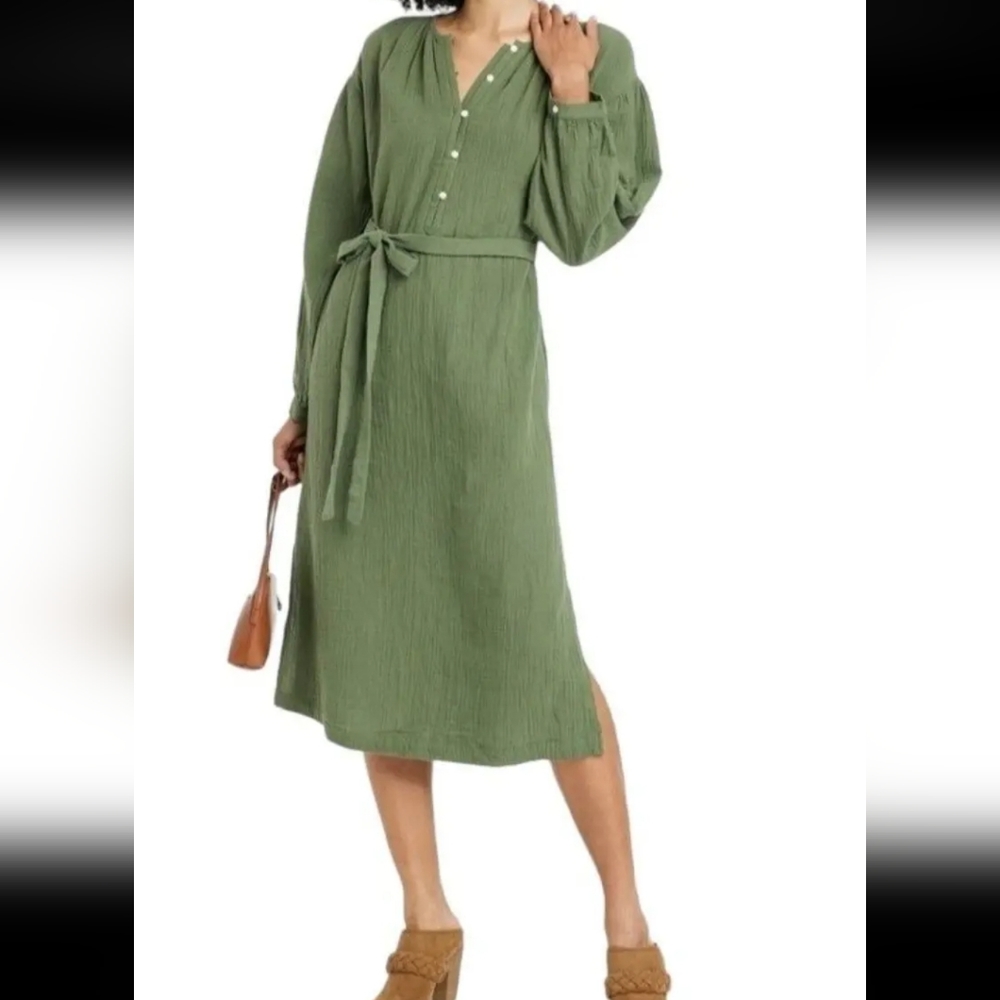 Universal Thread Moss Green Balloon Sleeve Gauze Dress Midi Tie Waist Henley XL
